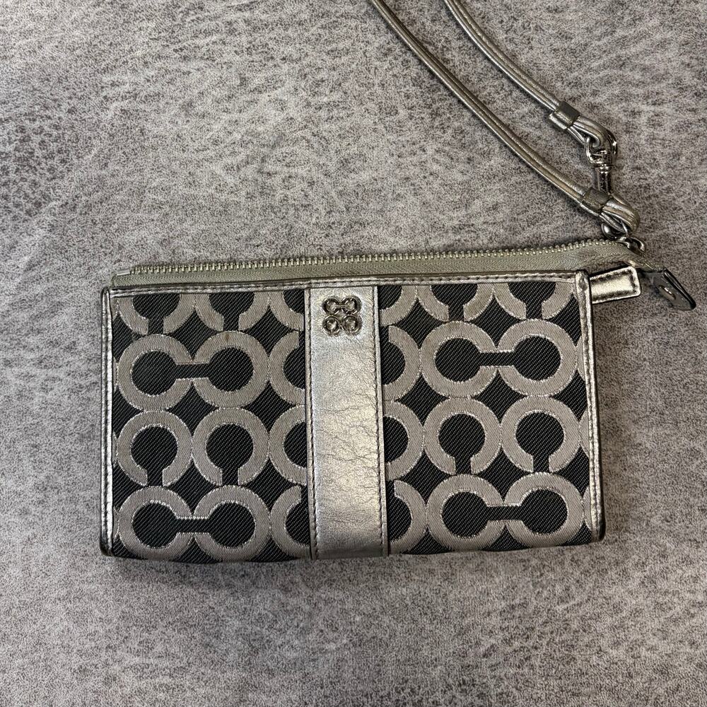 Coach Gray Monogram Metallic Wristlet Wallet